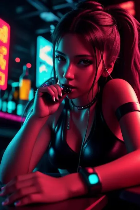photograph close up; girl cyberpunk in a seedy bar drinking. Science fiction setting hyperrealistic beautiful epic composition 8k High resolution