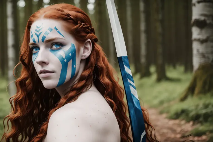 An extremely Beautiful young Woman, pale skin,blue eyes, freckle, (long fluffy curly red hair), Scottish, archer, Blue weathered War face-paint Birch forest,
gritty sharp focus, intricate,
photorealistic, highly detailed, high detailed face, soft lighting, vibrant colors, masterpiece