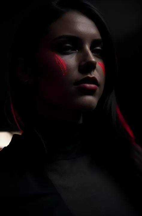 a photo of a woman, portrait,  red and black color scheme, stunning sci-fi, warpaint aesthetic, character profile, unnatural red lighting, (dark theme:0.8), hdr, intricate, highly detailed, fine details, key light, backlight, sharp focus, soothing tones, low contrast, exposure blend, movie scene, film grain, bokeh