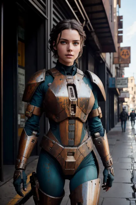 1 female ,in a worn mech suit,  intricate, (steel metal [rust]), elegant, sharp focus, photo by greg rutkowski, soft lighting, vibrant colors, masterpiece, ((streets)), detailed face<lora:epiNoiseoffset_v2:1>