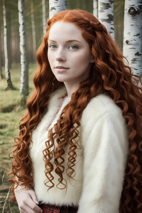 (((long fluffy curly red hair))) face portrait of An extremely Beautiful young Woman, pale skin, green eyes, freckle, Scottish, archer, traditional scottish dress, Birch forest,
gritty sharp focus, intricate,
watercolor,