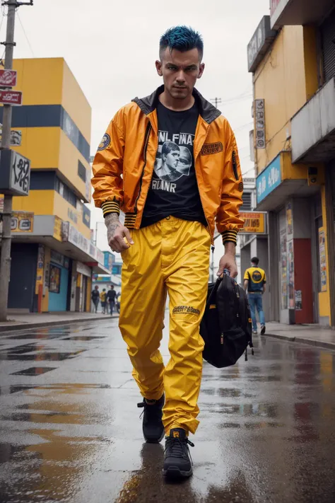 cinematic still shot, 1 man,  tshirt, punk hair style, yellow jacket, cyberpunk, walking on the  moon , bladerunner, orange tone, look at viewer, (cowboy view:1)
(35mmstyle:1.1), front, masterpiece,  (photorealistic:1.3), high frequency details, 35mm film, (film grain), film noise, cinematic lighting