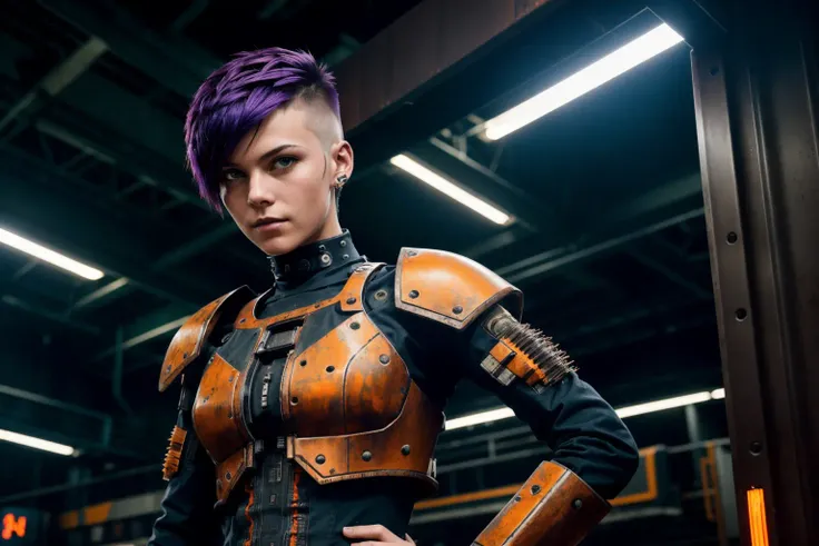 (1girl, punk style haircut), in a worn mech suit, battle stance, intricate, (steel metal [rust]), elegant, sharp focus,  soft lighting, vibrant colors, masterpiece, night, cyberpunk, streets, detailed face, neon light, bladerunner (orange and purple tone) <lora:epiNoiseoffset_v2:1>