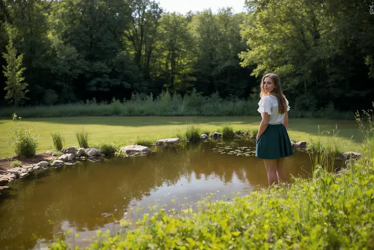a country woman standing by a small pond, (8k UHD:1.2), full resolution, detailed skin, high quality photography, RAW photo