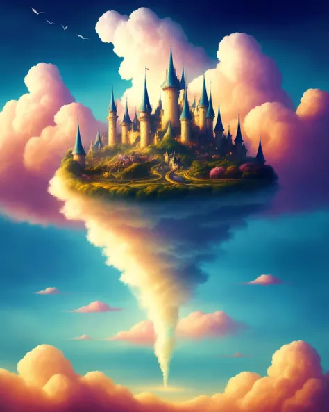 anime, a surreal view of clouds, by Tom Froud, surreal art contest winner, dreamlike, pink clouds, rainbow skies, fluffy, whimsical, abstract clouds, fantasy, dreamworld, surreal landscapes, cloud castles, floating gardens, impossible structures, secret gardens, a journey through a dream, enchanted skies, mysterious beauty, mythical creatures