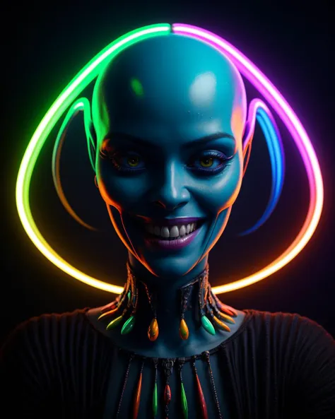 impossibly beautiful portrait of alien shapeshifter entity, insane smile, intricate complexity, surreal horror, inverted neon rainbow drip paint, trending on art station, photoreal, 8 k, octane render by greg rutkowski