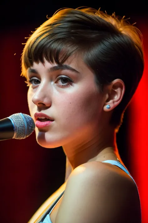 photo of a woman on stage, spotlight, (short hair,:0.7), 20yo, microphone, (8k UHD:1.1), (film grain:1.1), (raw photo:1.1), full resolution, highly detailed skin, detailed hair, dslr, sharp focus, high definition, high quality photography, intricate