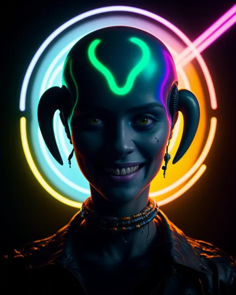 impossibly beautiful portrait of alien shapeshifter entity, insane smile, intricate complexity, surreal horror, inverted neon rainbow drip paint, trending on art station, photoreal, 8 k, octane render by greg rutkowski