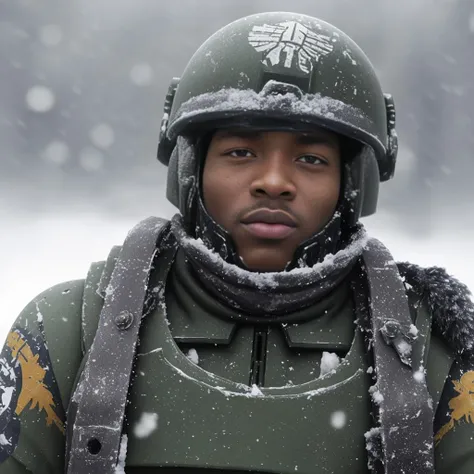 <lora:warhammer 40k imperial guardsman:0.8> african-american warhammer 40k imperial guardsman, close up face, snowy military base