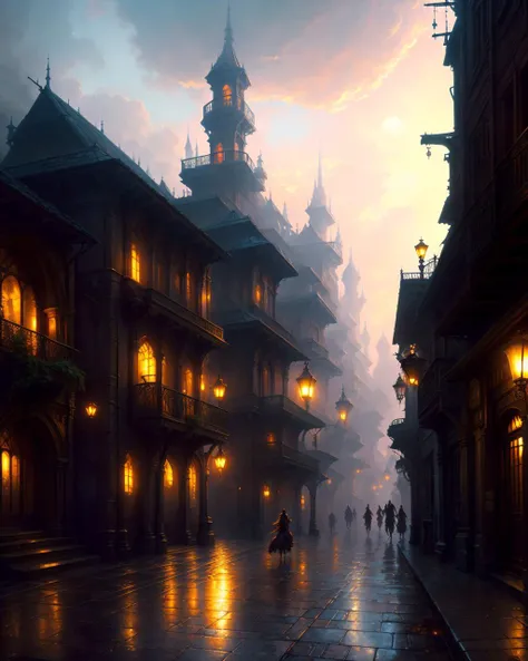 Sunrise, Fantasy, intricate city with dark alleyways, highly detailed, digital painting, artstation, concept art, sharp focus, illustration, art by greg rutkowski and alphonse mucha