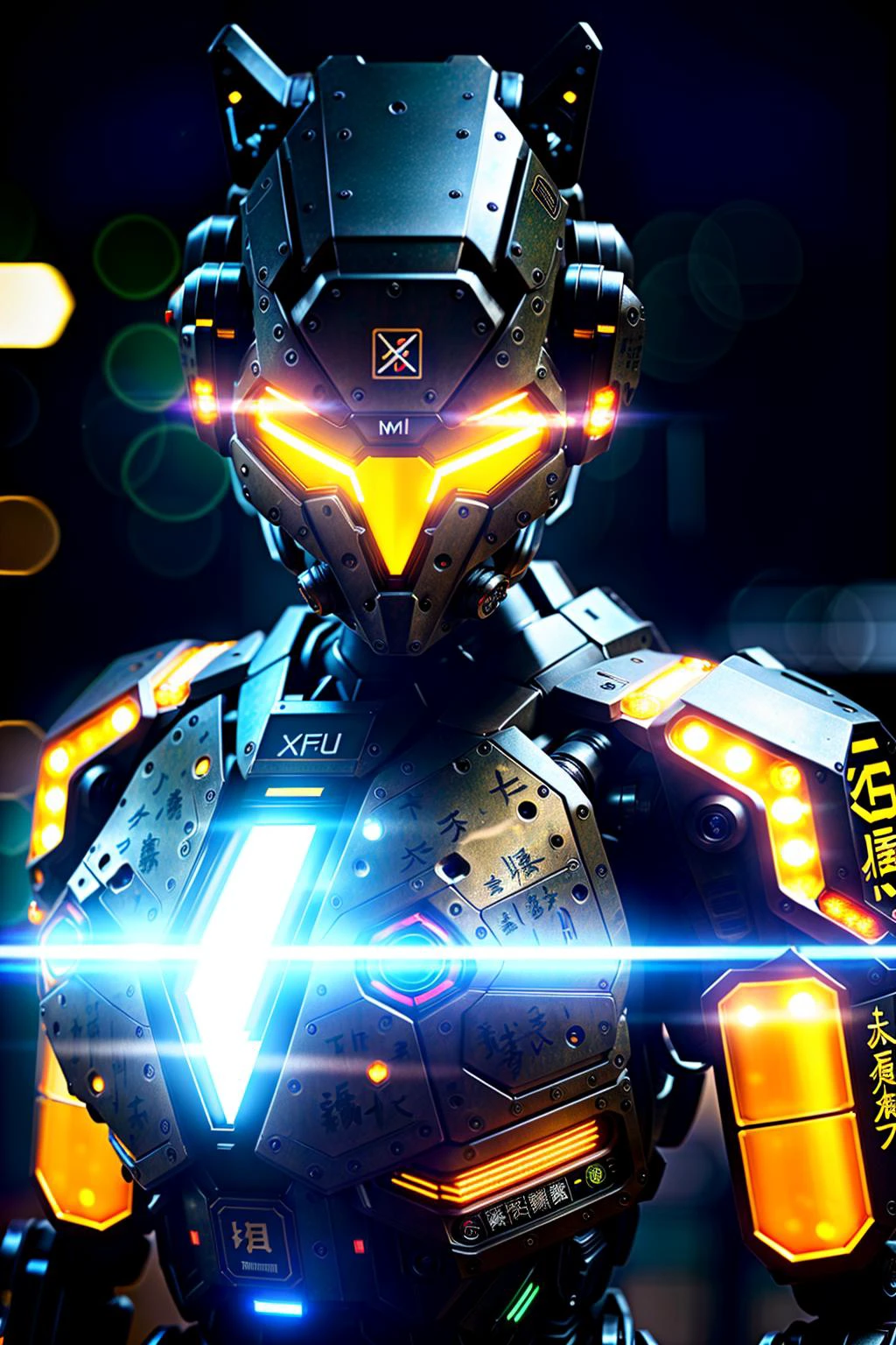 RAW photo, full-body, dynamic pose, toned and fit physique woman in a worn mech suit, (chest lights, blinkenlights)++, (kanji stickers)+++, (light bokeh)++, intricate, (steel metal (rust)-)+, elegant, sharp focus, photo by greg rutkowski, soft lighting, vibrant colors, (masterpiece)+, (streets)++, (detailed face)+, futuristic, hightech, scifi, heavy brow, sparkly eyes, stunning, high-definition, ultra HD, 4k resolution, retina display, sharp, crisp, clear, vibrant, XF IQ4, 150MP, 50mm, ISO 1000, 1/250s, Adobe Lightroom, photolab, Affinity Photo, PhotoDirector 365