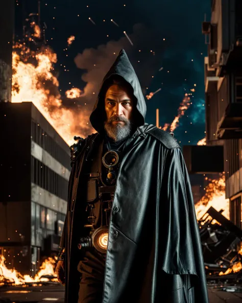 wide-angle photo of a cyberpunk (wizard:1.2) in a worn and tarnished mech suit, intricate, (steel metal [rust]), striding across a cyberpunk urban combat zone, (side view:0.3), (facing the camera:0.3), wearing an arcane cloak, burns and bullet holes, rubble, sharp focus, detailed face and eyes, whirling smoke nebula, fire, (raining:1.2), night shot, cinematic composition, best quality, masterpiece, extreme detail, atmospheric lighting, 8k UHD, DSLR Canon RAW, <lora:Elixir:1>