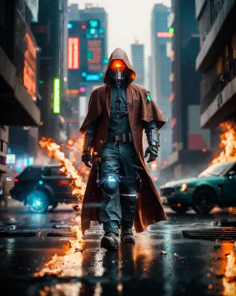 wide-angle photo of a cyberpunk (wizard:1.2) in a worn and tarnished mech suit, intricate, (steel metal [rust]), striding across a cyberpunk urban combat zone, (side view:0.3), (facing the camera:0.3), wearing an arcane cloak, burns and bullet holes, rubble, sharp focus, whirling smoke nebula, fire, raining, cinematic composition, best quality, masterpiece, extreme detail, atmospheric lighting, 8k UHD, DSLR Canon RAW, <lora:Elixir:1>