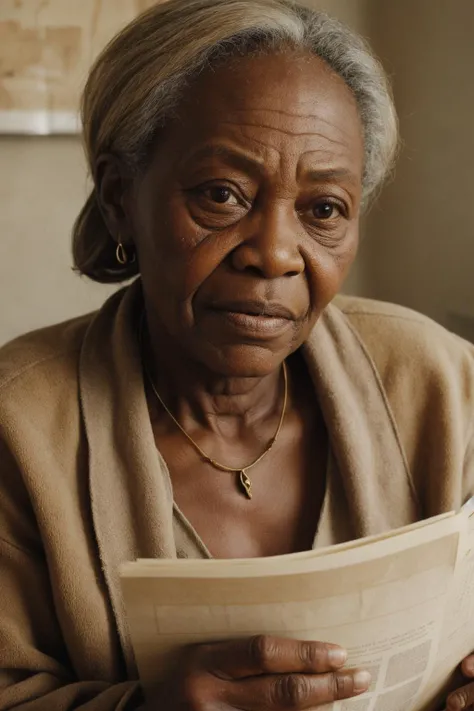 portrait| weathered and wise| natural light with soft shadows| close-up shot, capturing facial details and wrinkles| cluttered room filled with stacks of papers| muted earth tones with a touch of warm hues| documentary photography| a Congolese woman with wrinkles wearing a necklace| barren land in the background <lora:Elixir:0.5>
