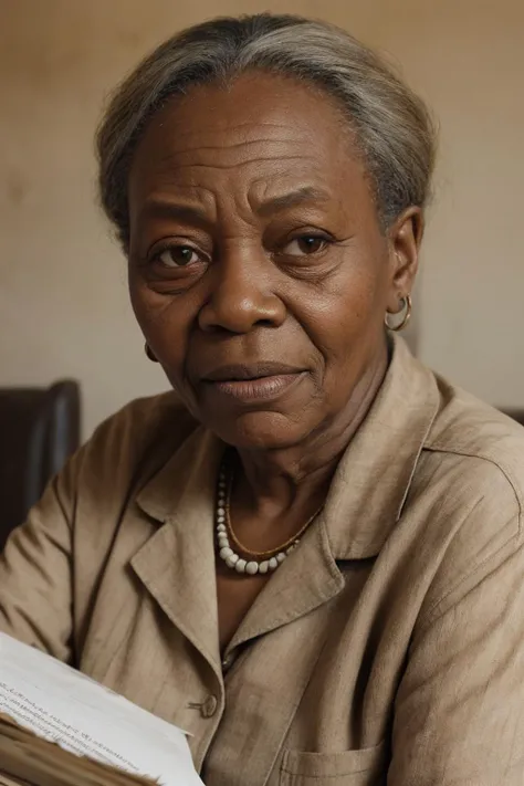 portrait| weathered and wise| natural light with soft shadows| close-up shot, capturing facial details and wrinkles| cluttered room filled with stacks of papers| muted earth tones with a touch of warm hues| documentary photography| a Congolese woman with wrinkles wearing a necklace| barren land in the background <lora:Elixir:0.5>