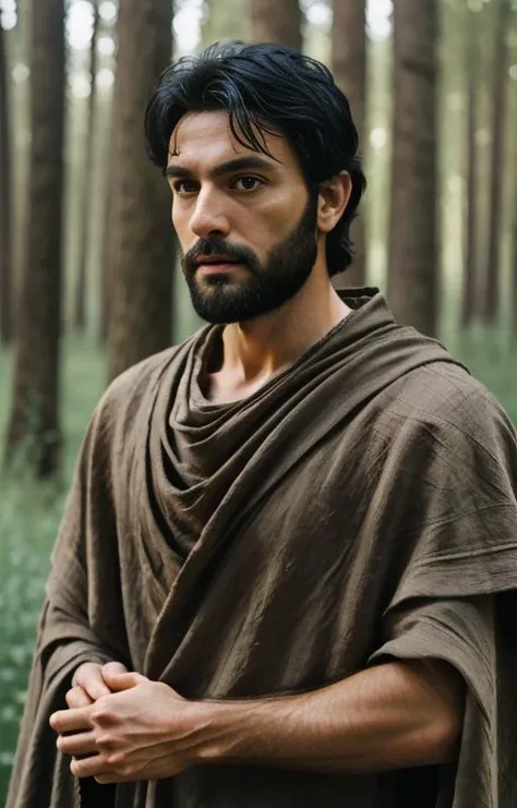 young italian man standing in a lush European forest, highres, perfectly centered, masterpiece, manly features, short black beard, intricate, elegant, hyperdetailed, insane details, intricate details, HDR, exposure blend, muscular messy black hair:1.2, looking into the camera, in trance, blue hour, soft warm light, shaded, wondrous, frontal, earthy color palette, dim colors, looking at camera, ancient roman tunic, <lora:sam_yang_offset_right_filesize:0.5>, cinematic lighting, photo, realistic skin, <lora:FilmG3:0.8>, rough dark linen cape, dirt, dirty, ancient roman jewelry