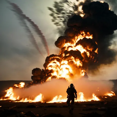 [Battlefield] photo of a [27 yo man], [professional soldier], [camouflage uniform], [defensive position], [smoke and explosions], [European setting], [late afternoon dusk lighting], [high camera angle], [long zoom lens medium format camera], in the style of [Apocalypse Now]
