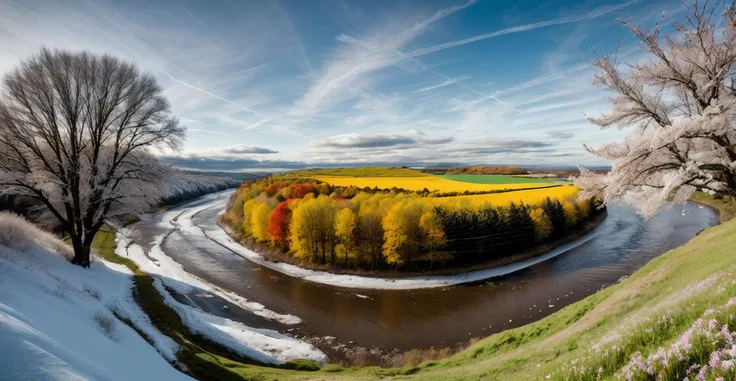 A stunning landscape photograph capturing all four seasons. Two rivers (converge around a single tree), in an ((expansive field)), Sunlight, BREAK, national geographic photography, (((masterpiece))), (((best quality))), raw photo, dslr,  shot by don mccullin, professional photography, hyperrealistic, 8k uhd, instagram style, Porta 160 color, shot on ARRI ALEXA 65, extremely detailed, ultra-realistic , BREAK, <lora:more_details:1.5>, Winter, ((icy river, snow banks, deep snow)), bare branches, Autumn, fall, (warm tones) orange and yellow and brown leaves, Summer, ((vibrant)) green, ((gushing river)), grassy, Bright sunlight, Spring, blooming flowers, [pastel tones]  epiCPhoto