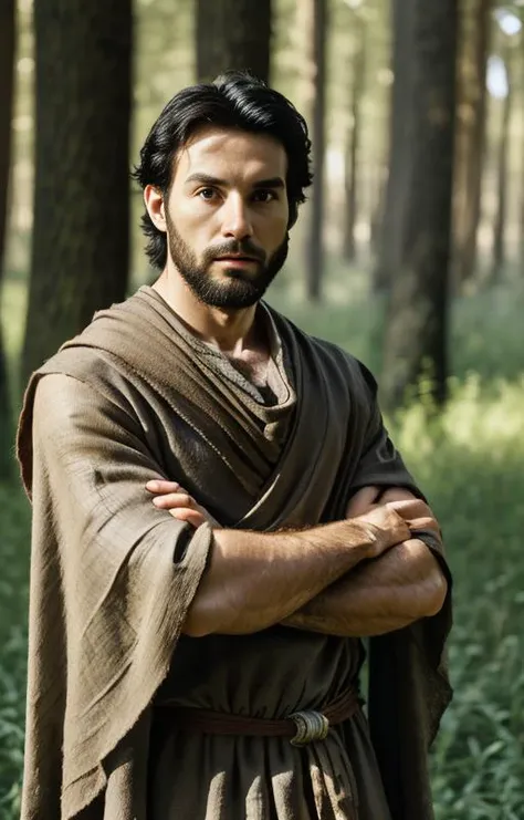 young italian man standing in a lush European forest, highres, perfectly centered, masterpiece, manly features, short black beard, intricate, elegant, hyperdetailed, insane details, intricate details, HDR, exposure blend, muscular messy black hair:1.2, looking into the camera, in trance, blue hour, soft warm light, shaded, wondrous, frontal, earthy color palette, dim colors, looking at camera, ancient roman tunic, <lora:sam_yang_offset_right_filesize:0.5>, cinematic lighting, photo, realistic skin, <lora:FilmG3:0.8>, rough dark linen cape, dirt, dirty, ancient roman jewelry