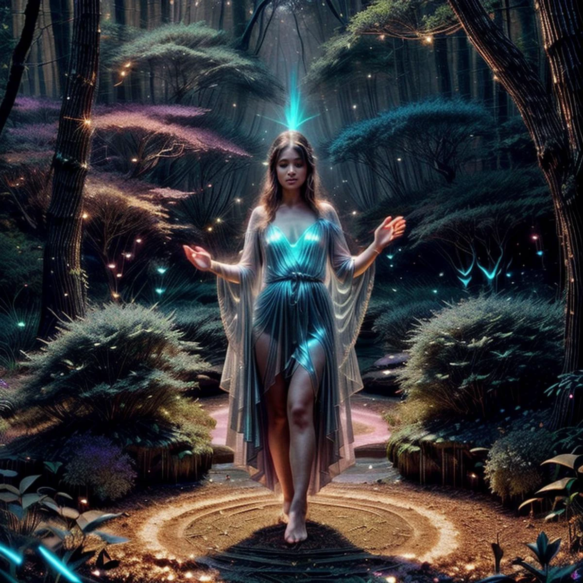 Create an image of a tranquil, (otherworldly:1.2), and surreal landscape bathed in (soft, ethereal light.:1.1) The setting is a mystical forest, where towering trees with luminous, (pastel-colored leaves:1.2) stretch towards a twilight sky painted in (shades of deep purple, teal, and gold:1.3). The forest floor is covered in a carpet of (glowing, bioluminescent moss that emits a gentle, soothing glow:1.3). Alien vegetation, such as oversized, translucent flowers with (swirling, iridescent petals and vines:1.1) that pulse with a soft, azure light, adds to the enchanting atmosphere.
BREAK,
In the center of this dreamlike scene stands a (woman with an air of serene mystery:1.3). She is dressed in a (flowing, diaphanous gown that shimmers like liquid silver:1.3), reflecting the colors of the surrounding landscape. Her long hair cascades down her back in waves, infused with (delicate strands of light that flicker like tiny fireflies:1.2). Her eyes are luminous pools of deep violet, radiating calm and wisdom.
BREAK,
Around her, trails of (soft, glowing energy:1.2) float and dance in the air, creating intricate patterns that shift and change with the gentle breeze. The woman reaches out a hand, her fingertips barely brushing the petals of an alien flower, causing it to emit a soft, melodic hum that resonates through the forest.
BREAK,
In the background, a crystal-clear stream flows gently, its waters sparkling with tiny, floating motes of light. The sky above is dotted with strange, glowing constellations and a pair of softly glowing moons, casting a gentle, otherworldly illumination over the scene. This is a place of serene beauty and mystical wonder, a calming escape from reality into a realm of pure imagination. BREAK,
epiCPhoto <lora:more_details:1.5> <lora:MBHU-TT2F:.6> <lora:CreationMagic:.6> ethereal creation, creationmagic, <lora:holographic:.4> holographic dress, (((masterpiece))), (((best quality))), raw photo, dslr, shot by don mccullin, professional photography, hyperrealistic, 8k uhd, instagram style, Porta 160 color, shot on ARRI ALEXA 65, extremely detailed, ultra-realistic