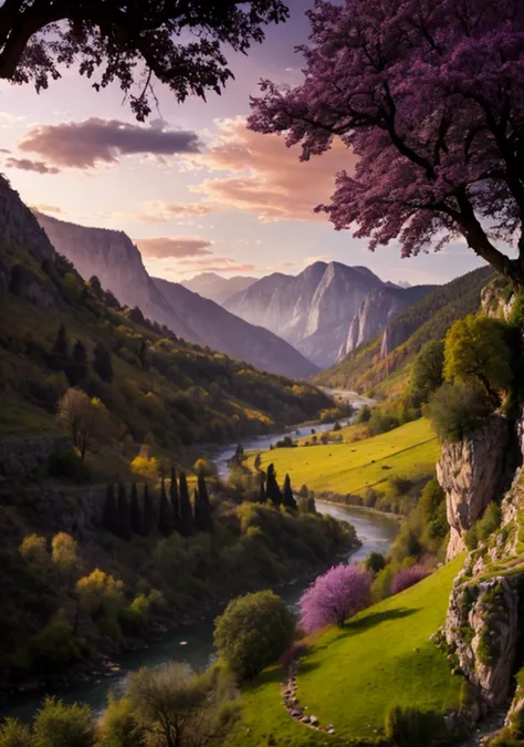 a scenic view of a valley with mountains in the background, river, realistic fantasy photography, purple trees, kurdistan, lotr, croatia, tree in a meadow, steep cliffs, sunset in a valley, in the midst of high mountains, highly photographic, (8k UHD:1.2), full resolution, high quality photography, RAW photo