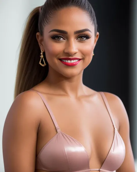 photorealistic, (extremely detailed CG unity 8k wallpaper), sunny day, ((detailed lighting full body view of the most beautiful young woman)), ((smiling face)), ((tight small string panty)), ((tight vinyl garter)), ((wide chest)), (big pelvis), (big thighs), long legs, ((tight vinyl garter)), (blush) detailed symmetrical face, (ponytail hair)+, (blue eyes), (brown hair)+, reflective eyes, ((detailed eyes)), mascara, makeup, (red lipstick), (shiny lips), (strong jaw), prominent cheekbones, lustful smiling face, (heavy eyeshadow), (latina)+++, (ruddy brown skin color:1.6)++, ISO: 100-3200, Aperture: f/1.8-f/5.6, <lora:Elixir:1>