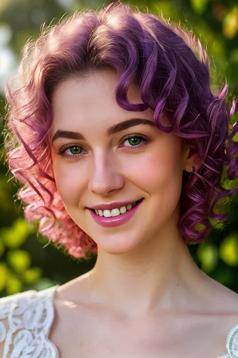 <lora:SensualMind-Cabaret-Athena-v1:0.6>
a close up of a pale woman with a fun smile, face blush, purple curly hair and green eyes BREAK
italian shot, lens flare, spot lights, soft focus, intrincate details, photo realistic