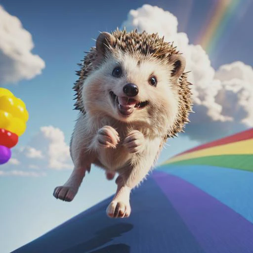 cute hedgehog running on rainbow to catch clouds for playing, extremely happiest hedgehog, hyperrealistic 3d render, 3d, 4k, pixar style, cartoonish, 3d digital art