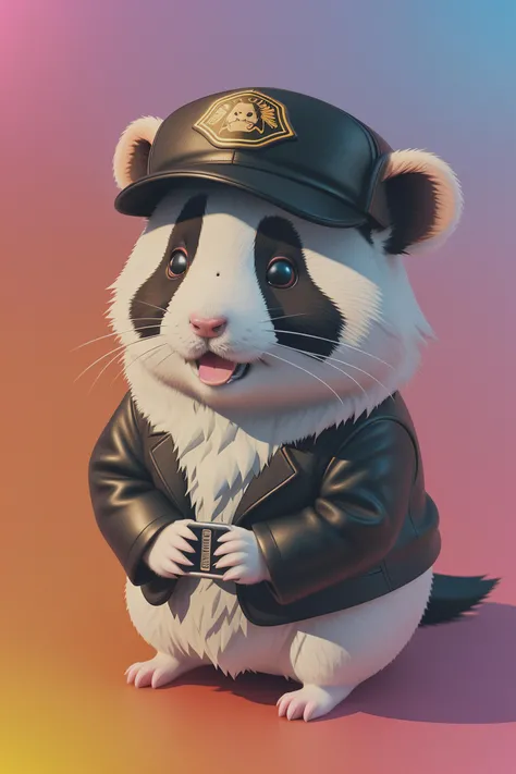 A detailed illustration of a hamster with panda texture, beautiful eyes, leather suit, cute hat, game character design, fire splash, shadow fighter ninja, dark, ghothic, t-shirt design, in the style of Studio Ghibli, pastel tetradict colors, 3D vector art, realistic face, fantasy art, watercolor effect, bokeh, digital painting, low-poly, soft lighting, bird's-eye view, isometric style, retro aesthetic, focused on the character, 4K resolution, photorealistic rendering, using Cinema 4D