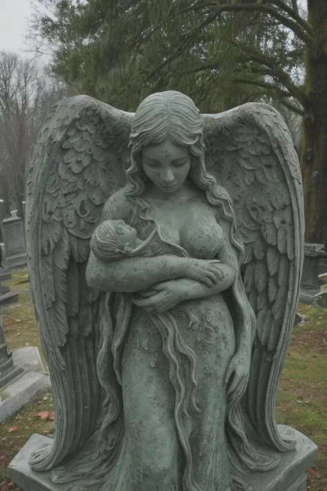 A haunting mossy (sculpture:1.5) of a sad angel with huge wings looking towards the sky while hugging a sleeping newly born at her chest,
,(crafted from weathered verdigris stone:1.3), sits amidst a forgotten graveyard, with moss-covered tombstones in the background. The dim moonlight casts shadows on the sculpted features, capturing the eerie essence of the scene. The style is a monochrome sculpture, utilizing stone-carving techniques to evoke a hauntingly real three-dimensional presence, misty weather,