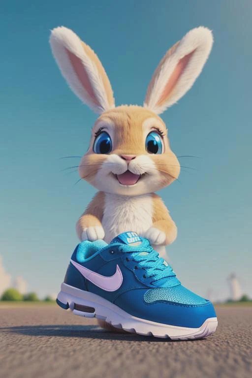 Macro camera, Cute chibi bunny, a cartoon [running, male bunny], concept art by Pixar, cgsociety, character, furry art, driving oversized nike shoe, solid blue bg, 3d, render, 4k, Pixar, shot from ground, bunny body, angle of camera on ground