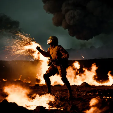 [Battlefield] photo of a [27 yo man], [professional soldier], [camouflage uniform], [defensive position], [smoke and explosions], [European setting], [late afternoon dusk lighting], [high camera angle], [long zoom lens medium format camera], in the style of [Apocalypse Now]