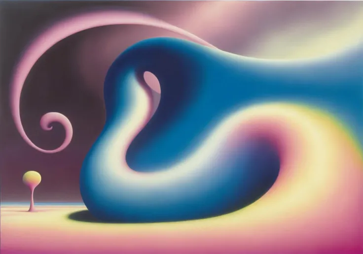 an airbrush painting, 1980s aesthetic, smooth gradients, (pink tree:1.3), liquid acrylic painting, by Peter Blume, by Werner Tbke, by Roger Dean, precisionism, american scene painting, metaphysical painting, reddit contest winner, featured on deviantart, masterpiece