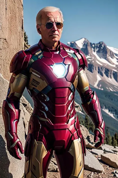((full body)) photo Joe Biden in an Iron-Man suit, no helmet, looking mean, sunglasses, background Rocky Mountains,, dslr, 4k, ultrarealistic, realistic, photorealistic, natural skin, textured skin, (detailed beautiful face, detail skin texture, ultra-detailed body:1.1),