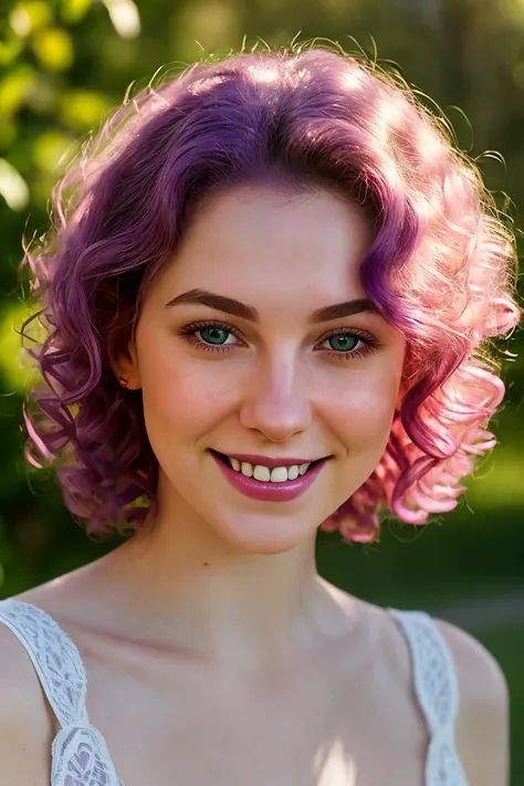 <lora:SensualMind-Cabaret-Athena-v1:0.6>
a close up of a pale woman with a fun smile, face blush, purple curly hair and green eyes BREAK
italian shot, lens flare, spot lights, soft focus, intrincate details, photo realistic