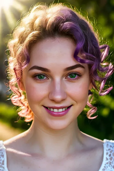 <lora:SensualMind-Cabaret-Athena-v1:0.6>
a close up of a pale woman with a fun smile, face blush, purple curly hair and green eyes BREAK
italian shot, lens flare, spot lights, soft focus, intrincate details, photo realistic