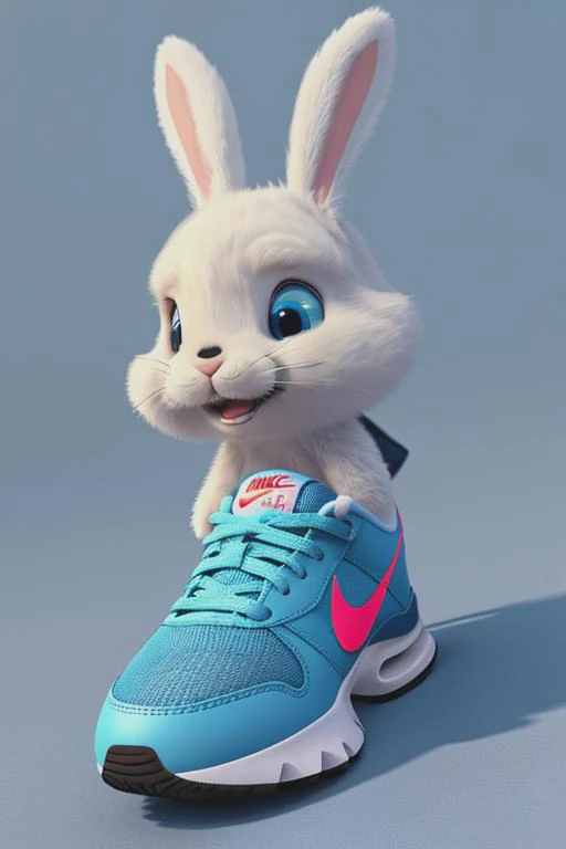 Macro camera, Cute chibi bunny, a cartoon [running, male bunny], concept art by Pixar, cgsociety, character, furry art, wearing oversized nike shoe, solid blue bg, 3d, render, 4k, Pixar, shot from ground, bunny body, angle of camera on ground