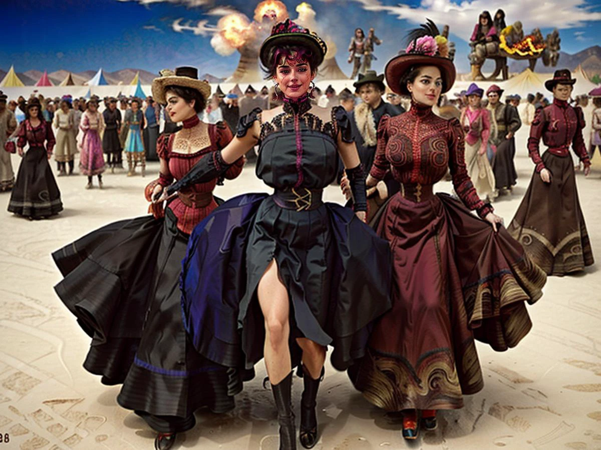 1boy, 1girl, female focus, (closeup, half length, upper body, waist up shot:1.3), modern digital color photo of attractive notmeg supermodel wearing a colorful dress with feathers, (massive breasts, slim waist:0.2), jewelry, detailed background, crowded dancers background circa 1890, smile, attractive mature face, (dynamic composition, asymmetric composition, action pose, dynamic angle,:1.3), perspective, depth of field, (dancing with shirtless man, spinning, twirling, pirouette in the crowd at Burningman circa 1890) , smile <lora:detail_slider_v4:0> <lora:cdg_v3:0.7> drawing by Charles Dana Gibson <lora:1900_dress_v2:0.9> 1900_dr3ss , <lora:burner_style_v1:0.2> burner_style, desert, playa, art installation <lora:BurningManV1:0.2> burning man festival, desert, installation, wagons, fire,
<lora:th3p1t_b:0.2> th3p1t, realistic skin, skin texture, radiant skin, (high-heeled boots:0.5), dust, realistic, photo grain, motion blur, kinetic, ecstatic
<lora:NotmegGlam:0.9> epiCPhoto