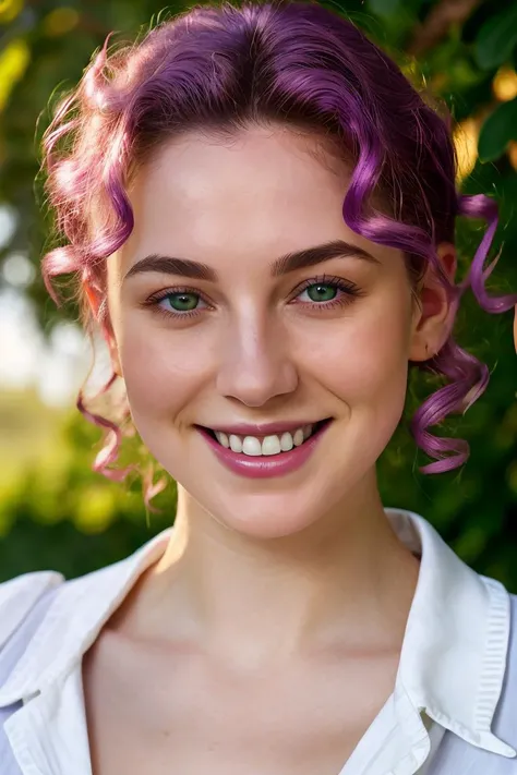 <lora:SensualMind-Cabaret-Athena-v1:0.6>
a close up of a pale woman with a fun smile, face blush, purple curly hair and green eyes BREAK
italian shot, lens flare, spot lights, soft focus, intrincate details, photo realistic