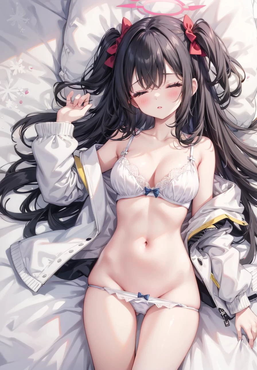 <lora:pose pantypull:1>,1girl,aris (blue archive),solo,underwear,long hair,panties,bra,white bra,navel,black hair,very long hair,white panties,jacket,one side up,lying,large breasts,halo,open clothes,hair between eyes,breasts,on back,blush,ass visible through thighs,open jacket,bow panties,collarbone,bare shoulders,bangs,long sleeves,white jacket,bow,off shoulder,hairband,parted lips,stomach,bow bra,groin,thigh gap,sleepy,closed eyes,<lora:add_detail:0.3>,<lora:mix4:0.3>,