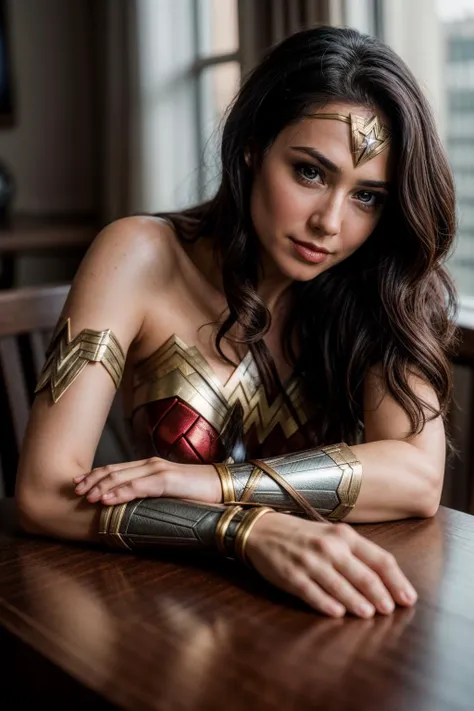 DC movies,photo of a woman,wonder woman,hands on the table,happy,looking at viewer,ray tracing,detail shadow,shot on Fujifilm X-T4,85mm f1.2,depth of field,blurry background,bokeh,motion blur,<lora:add_detail:1>,