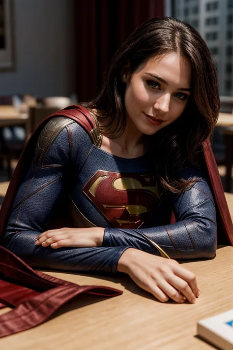 DC movies,photo of a woman,supergirl,hands on the table,happy,looking at viewer,ray tracing,detail shadow,shot on Fujifilm X-T4,85mm f1.2,depth of field,blurry background,bokeh,motion blur,<lora:add_detail:1>,