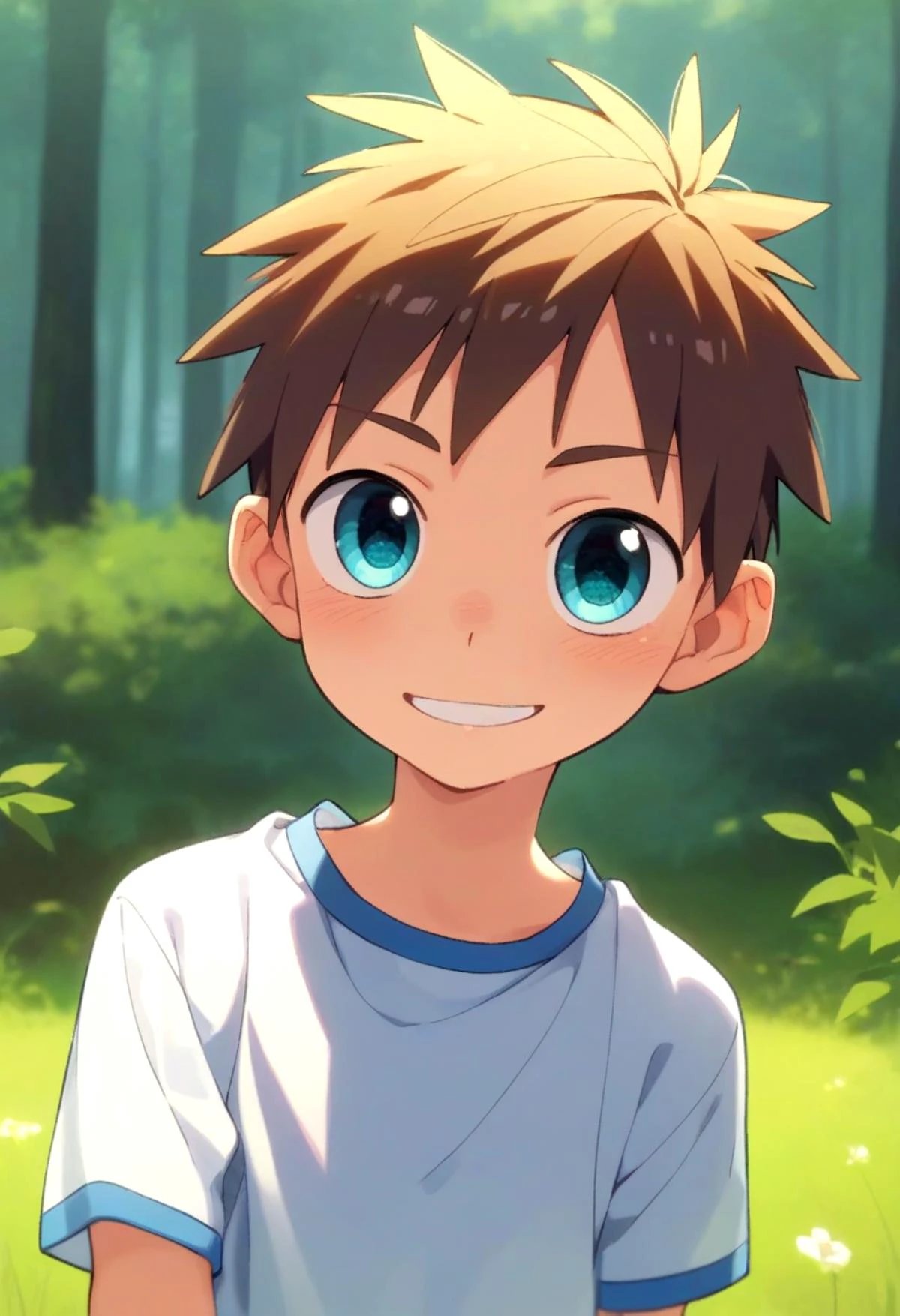 score_9, score_8_up, score_7_up, detailed eyes, forest, BREAK
straight on shot, standing, <lora:PerfectEyesXL:0.8> perfecteyes,
<lora:cutifiedanimecharacterdesign_variant_type_D_PonyXL_v10:0.7> 1boy, type-d,brown hair, shirt, petite, young, solo
smile || bright smile,
full shot,bagpack