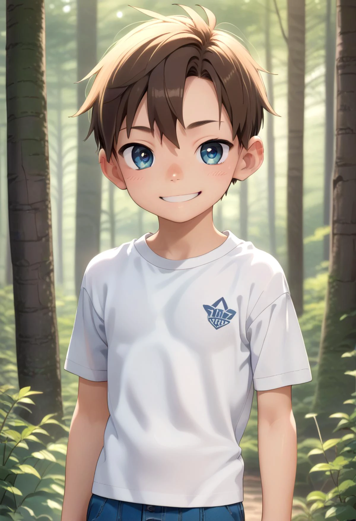 score_9, score_8_up, score_7_up, detailed eyes, forest, BREAK
straight on shot, standing, <lora:PerfectEyesXL:0.8> perfecteyes,
<lora:cutifiedanimecharacterdesign_variant_type_D_PonyXL_v10:0.8> 1boy, type-d,brown hair, shirt, petite, young,
smile || bright smile,
full shot,bagpack