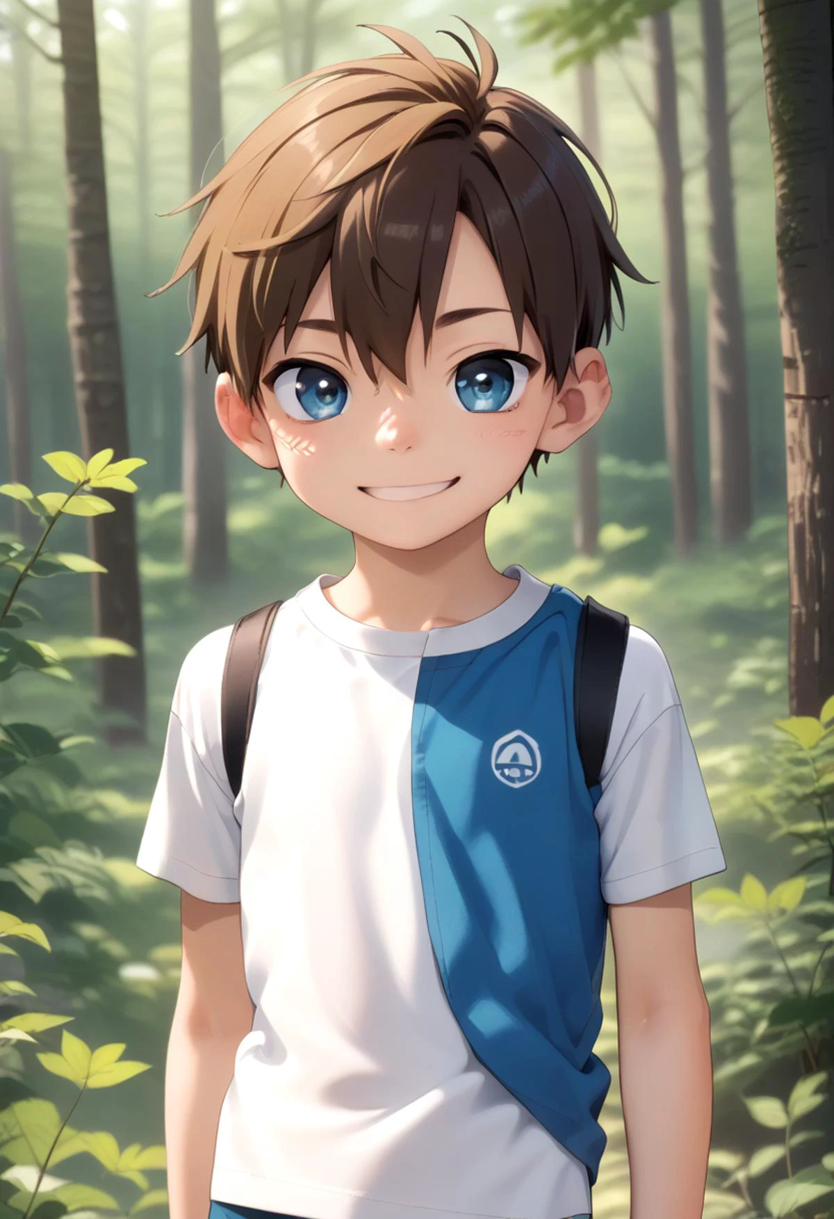 score_9, score_8_up, score_7_up, detailed eyes, forest, BREAK
straight on shot, standing, <lora:PerfectEyesXL:0.8> perfecteyes,
<lora:cutifiedanimecharacterdesign_variant_type_D_PonyXL_v10:0.8> 1boy, type-d,brown hair, shirt, petite, young,
smile || bright smile,
full shot,bagpack