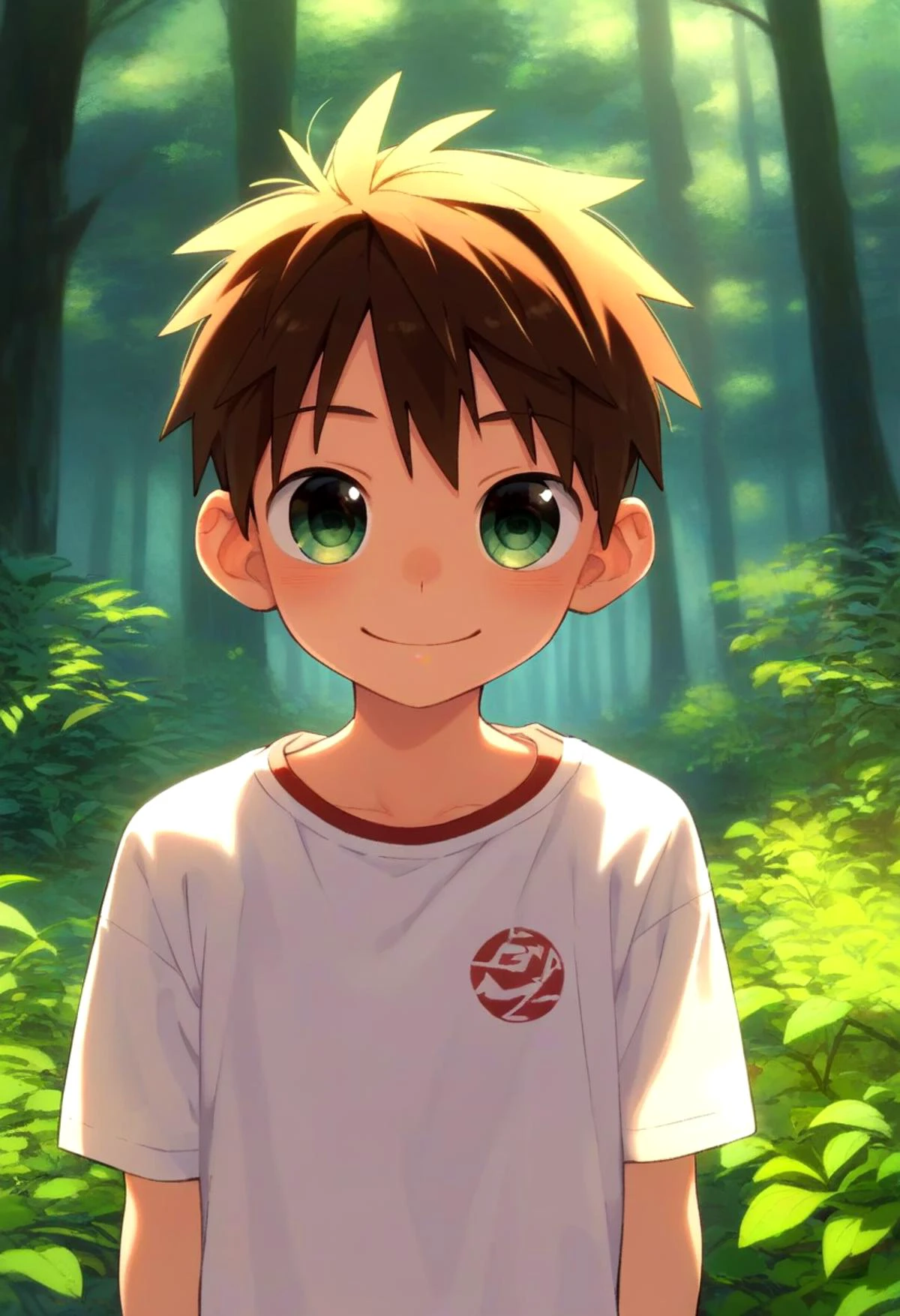 score_9, score_8_up, score_7_up, detailed eyes, forest, BREAK
straight on shot, standing, <lora:PerfectEyesXL:0.8> perfecteyes,
<lora:cutifiedanimecharacterdesign_variant_type_D_PonyXL_v10:0.7> 1boy, type-d,brown hair, shirt, petite, young, solo
smile || bright smile,
full shot,bagpack