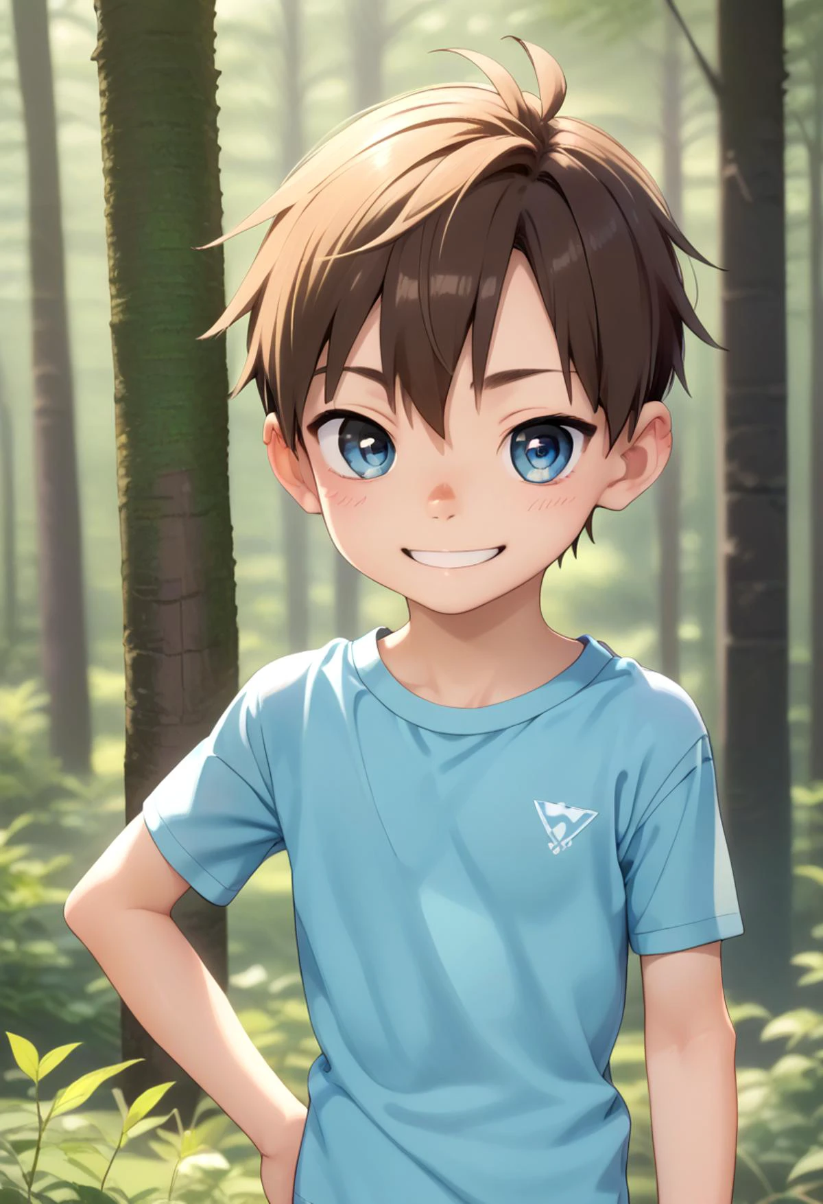 score_9, score_8_up, score_7_up, detailed eyes, forest, BREAK
straight on shot, standing, <lora:PerfectEyesXL:0.8> perfecteyes,
<lora:cutifiedanimecharacterdesign_variant_type_D_PonyXL_v10:0.8> 1boy, type-d,brown hair, shirt, petite, young,
smile || bright smile,
full shot,bagpack