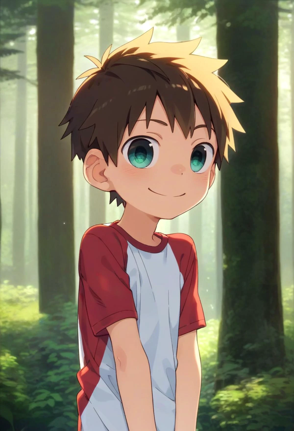 score_9, score_8_up, score_7_up, detailed eyes, forest, BREAK
straight on shot, standing, <lora:PerfectEyesXL:0.8> perfecteyes,
<lora:cutifiedanimecharacterdesign_variant_type_D_PonyXL_v10:0.7> 1boy, type-d,brown hair, shirt, petite, young, solo
smile || bright smile,
full shot,bagpack
