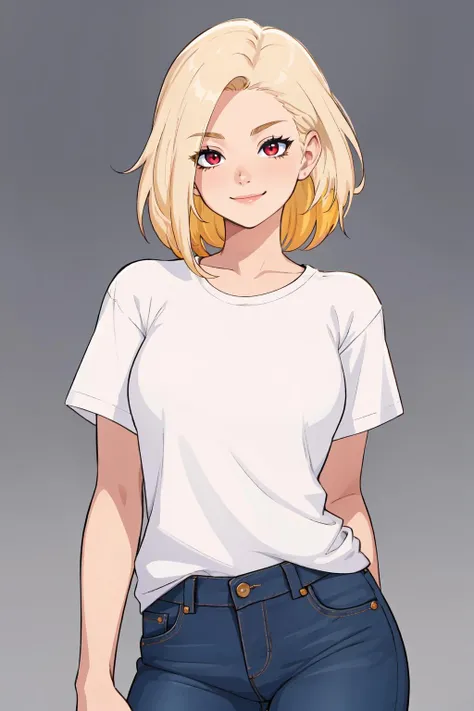 absurdres, [perfect shadows and lighting], detailed background, incredible high-key lighting, masterpiece, high quality, detailed, extremely detailed, ambient soft lighting, 4K, 1girl, blank t-shirt, jeans, shirt, pants, pose, arms at sides, smiling expression, simple background, red eyes, yellow hair, white hair, blond hair, arms behind back