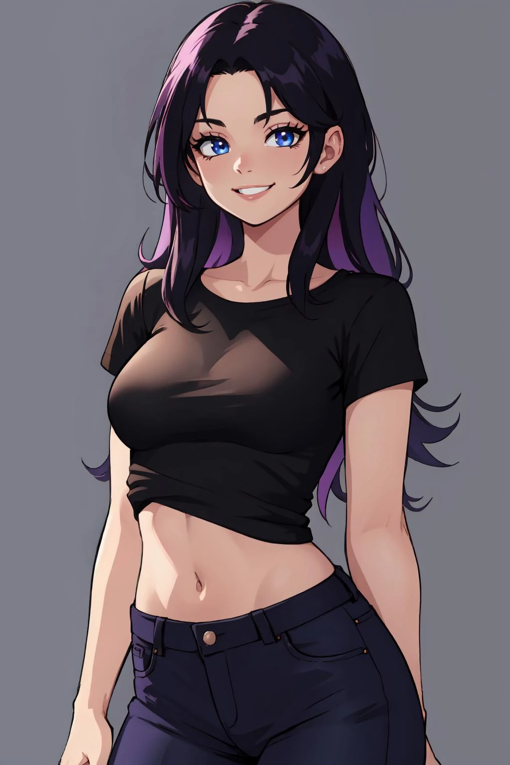 absurdres, [perfect shadows and lighting], detailed background, incredible high-key lighting, masterpiece, high quality, detailed, extremely detailed, ambient soft lighting, 4K, 1girl, dark t-shirt, black jeans, black pants, shirt, pose, arms at sides, smiling expression, simple background, blue eyes, purple highlights, black hair, long hair, arms behind back